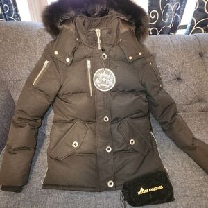 Moose Knuckles Black Puffer Jacket with Fur-Trimmed Hood